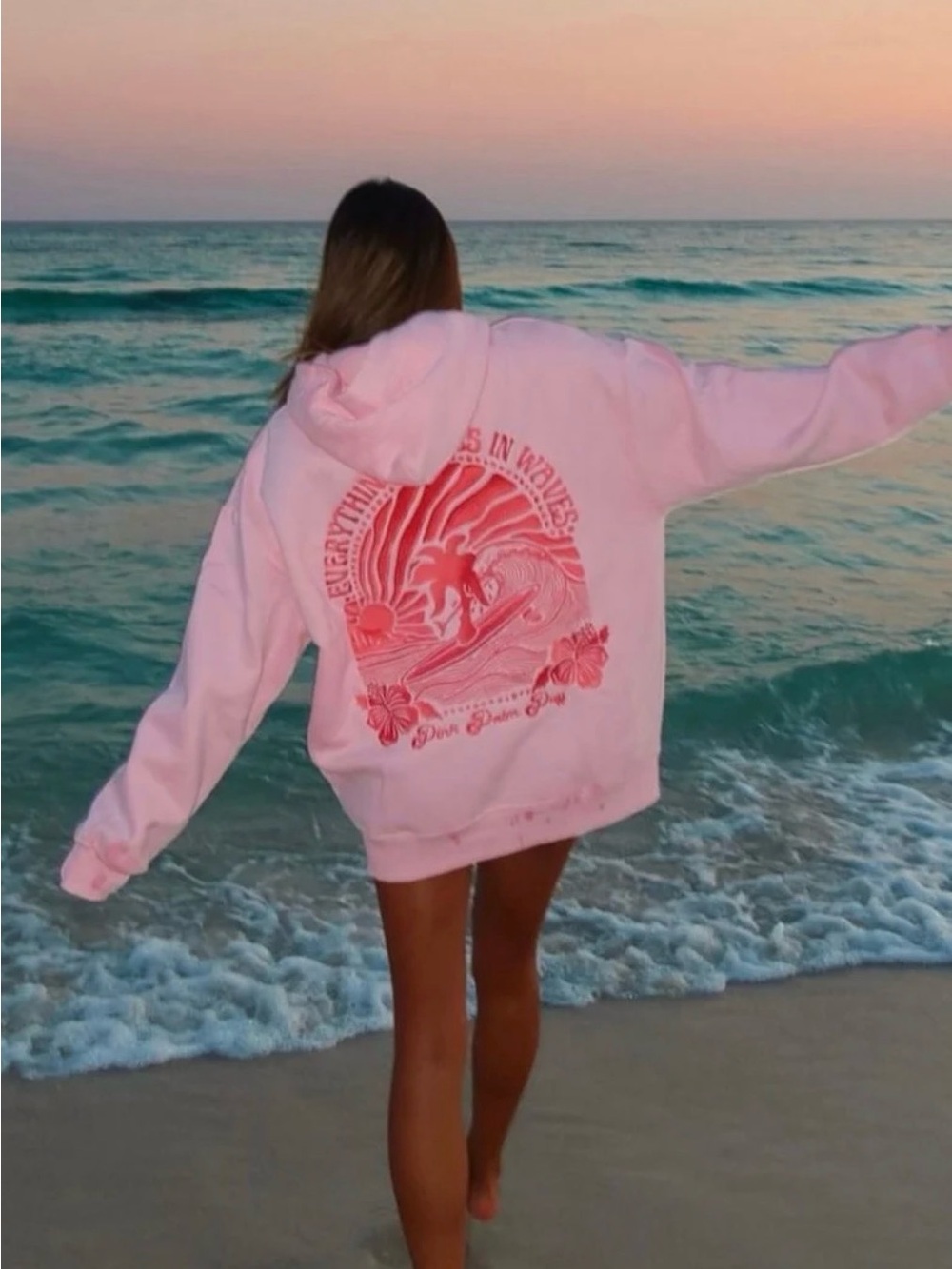 Pink Graphic Hoodie Jacket - Women's Casual Beach Pullover